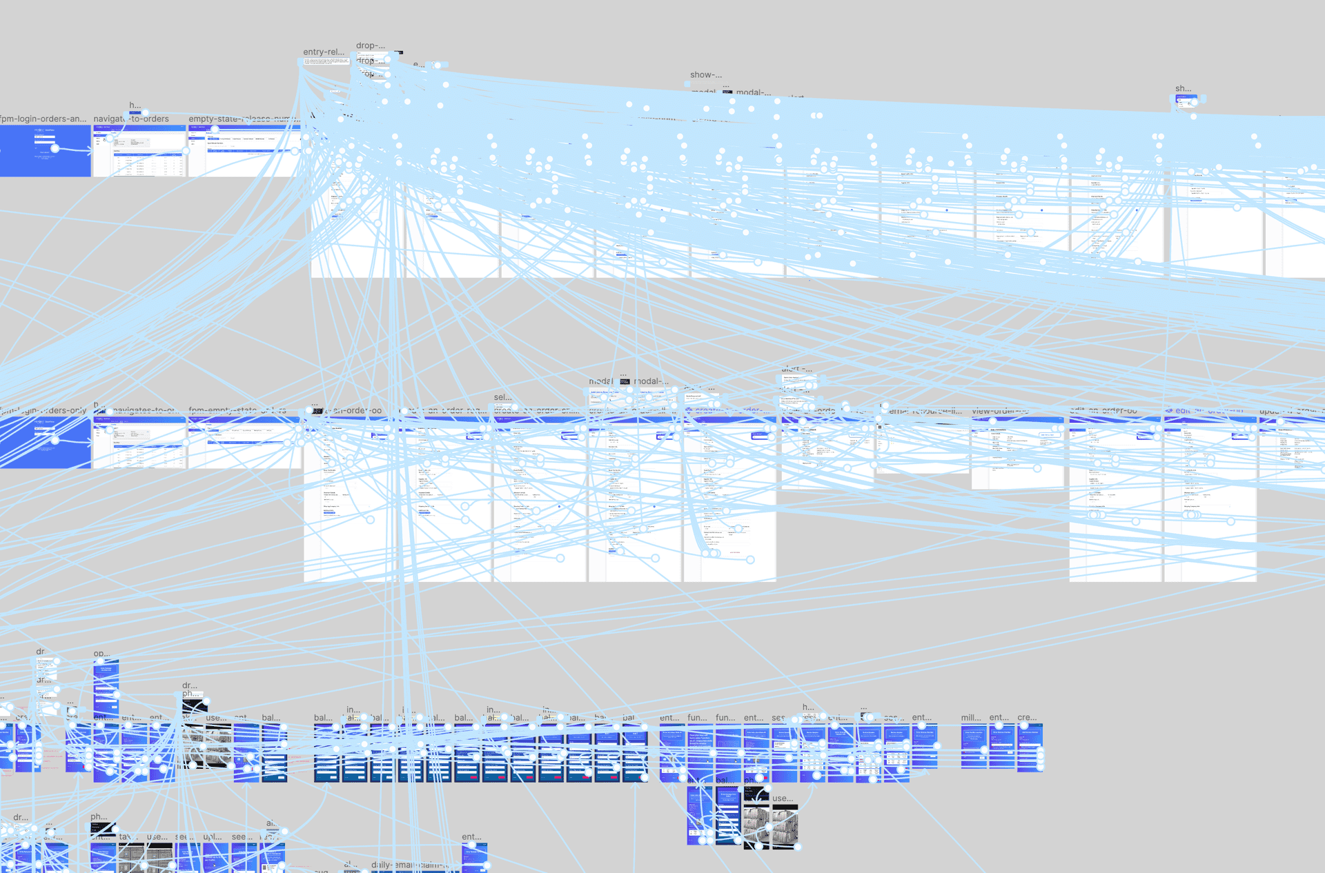 Figma screenshot showing many transitional state paths in a feature prototype
